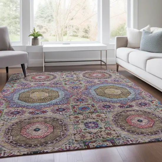 Purple And Teal Blue Medallion Washable Indoor Outdoor Area Rug Photo 7