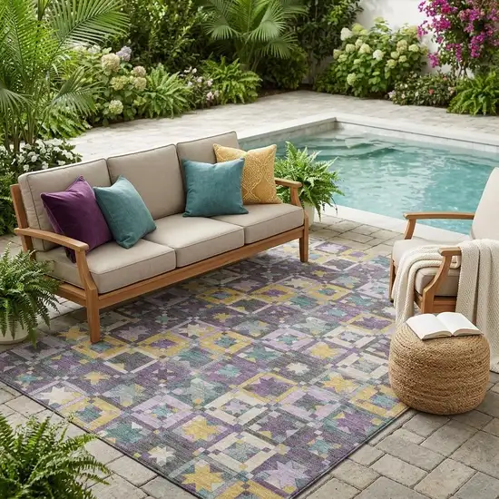 Purple And Teal Blue Patchwork Washable Indoor Outdoor Area Rug Photo 1