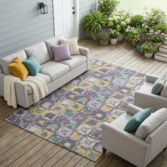 Purple And Teal Blue Patchwork Washable Indoor Outdoor Area Rug Photo 1