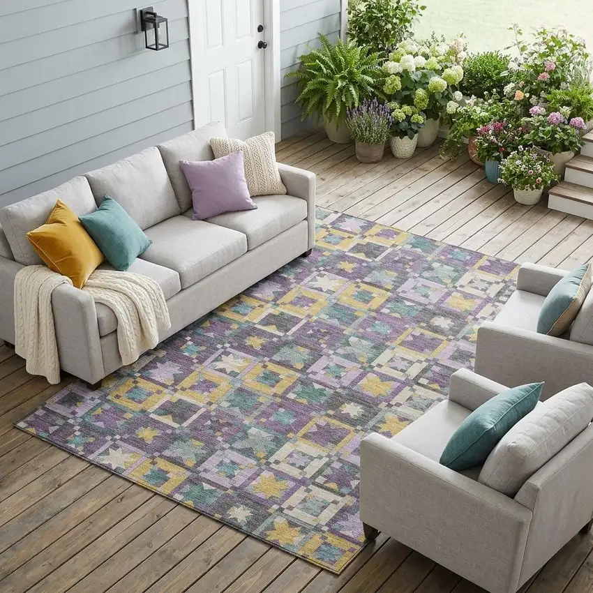 Purple And Teal Blue Patchwork Washable Indoor Outdoor Area Rug Photo 1