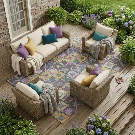 Purple And Teal Blue Patchwork Washable Indoor Outdoor Area Rug Photo 1