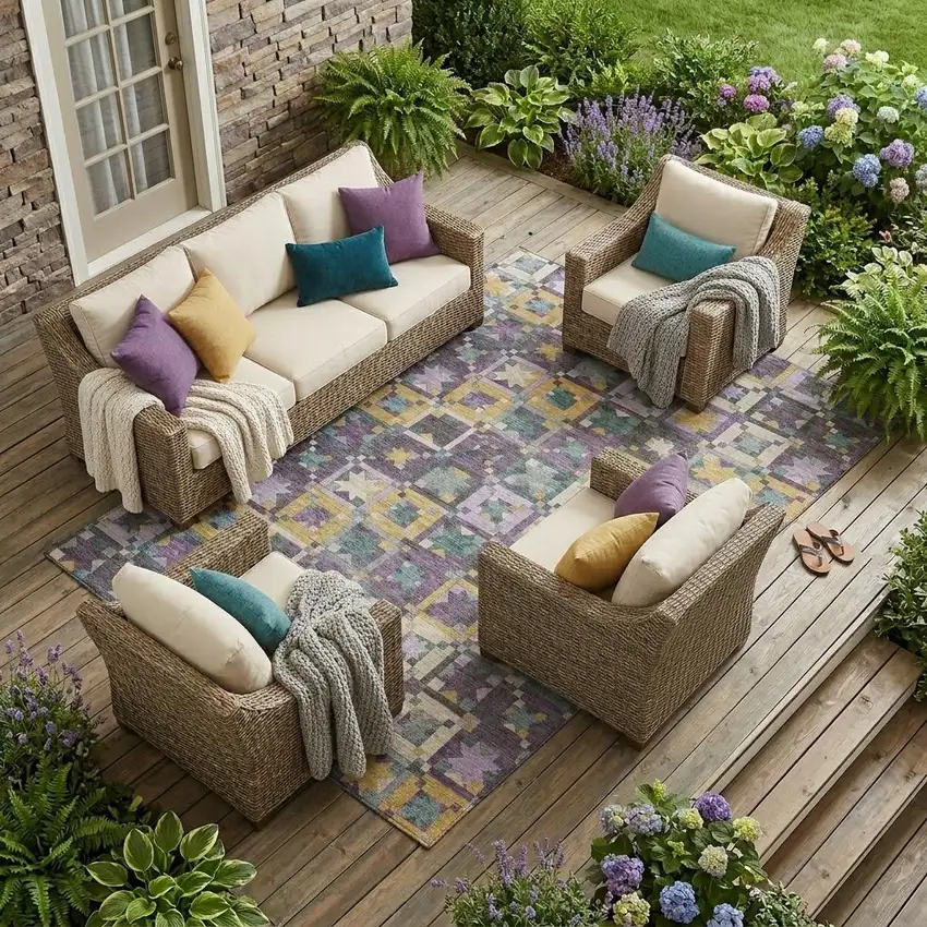 Purple And Teal Blue Patchwork Washable Indoor Outdoor Area Rug Photo 1