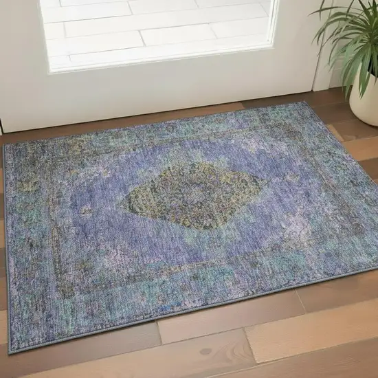 Purple And Teal Medallion Washable Area Rug With UV Protection Photo 2