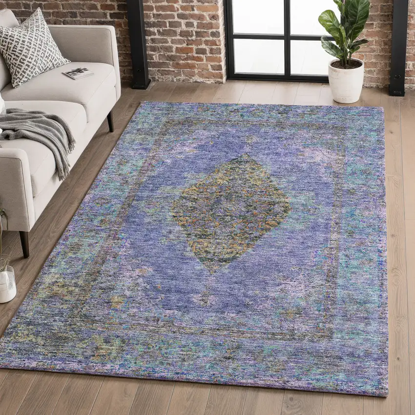 Purple And Teal Medallion Washable Area Rug With UV Protection Photo 5