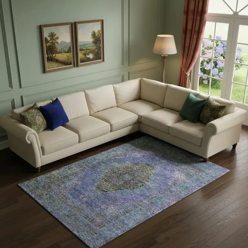 Purple And Teal Medallion Washable Area Rug With UV Protection Photo 2