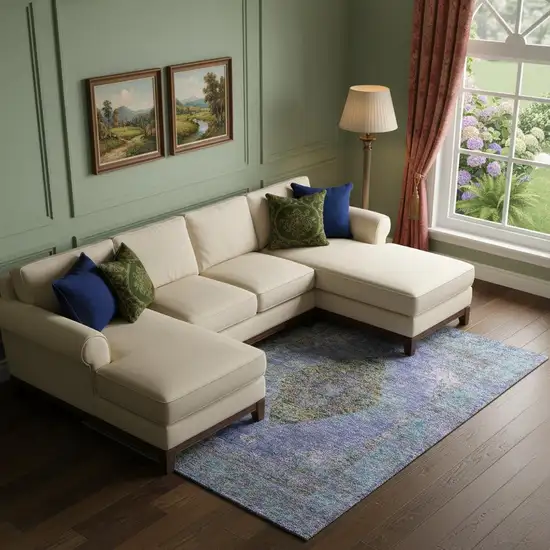 Purple And Teal Medallion Washable Area Rug With UV Protection Photo 2