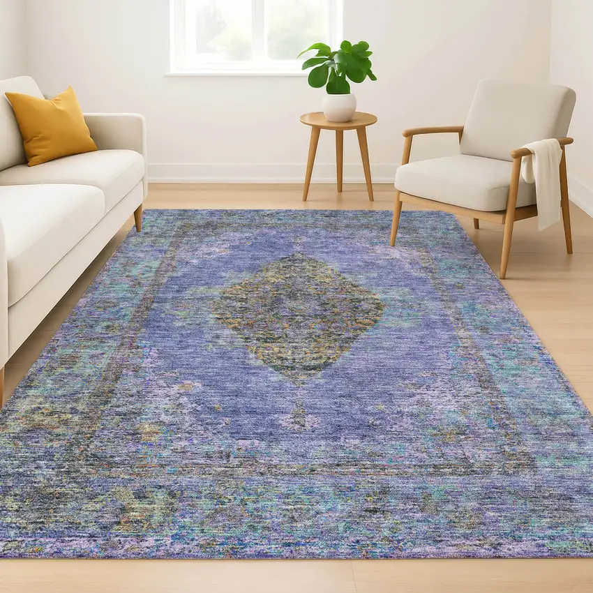 Purple And Teal Medallion Washable Area Rug With UV Protection Photo 6