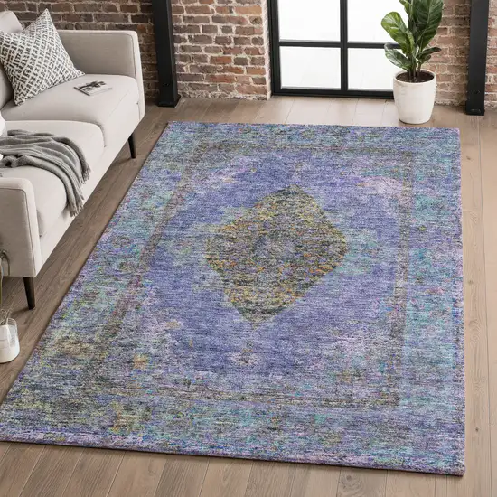 Purple And Teal Medallion Washable Area Rug With UV Protection Photo 5