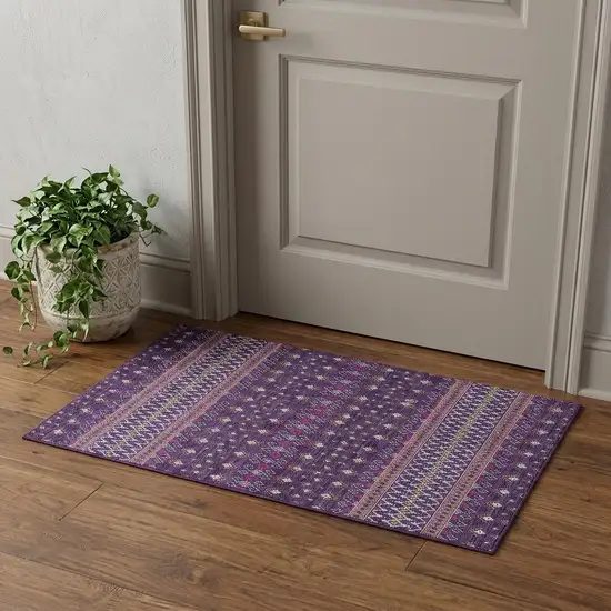 Purple And Yellow Tribal Washable Area Rug With UV Protection Photo 1