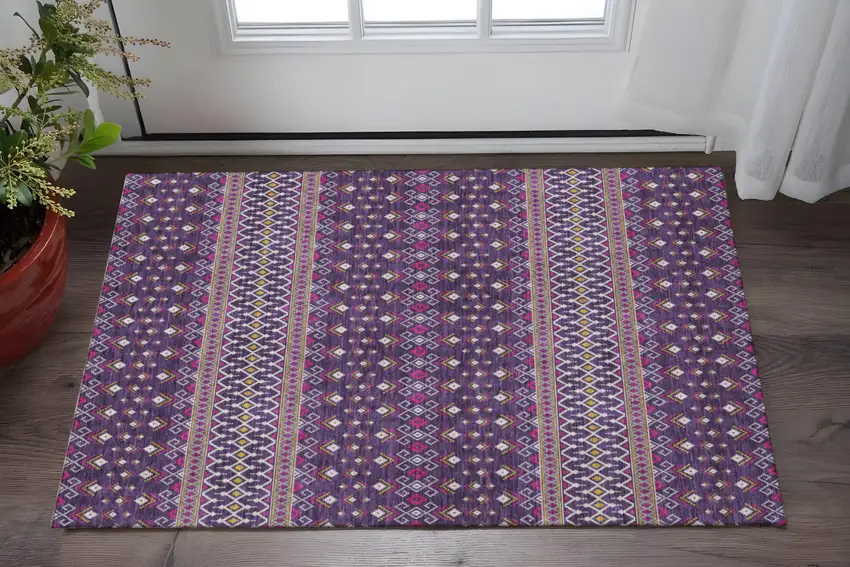 Purple And Yellow Tribal Washable Area Rug With UV Protection Photo 2