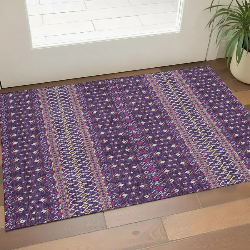 Purple And Yellow Tribal Washable Area Rug With UV Protection Photo 1