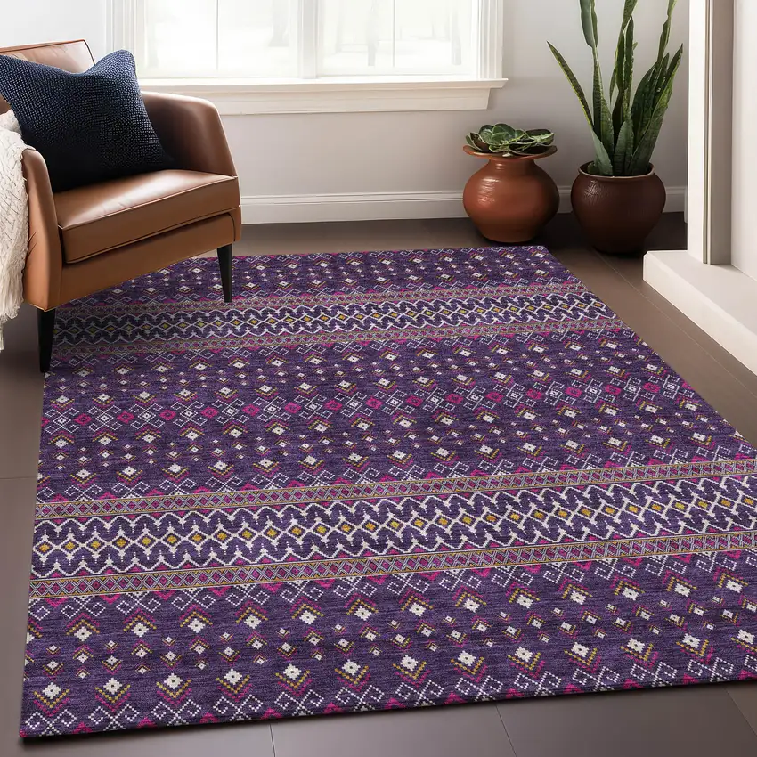 Purple And Yellow Tribal Washable Area Rug With UV Protection Photo 5