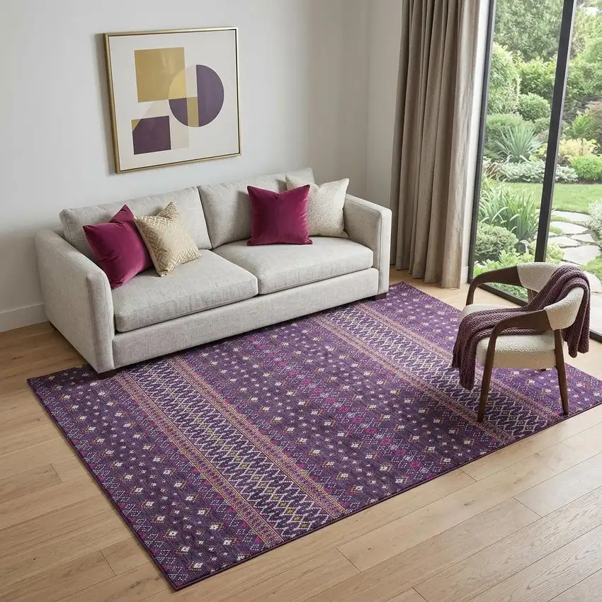 Purple And Yellow Tribal Washable Area Rug With UV Protection Photo 1