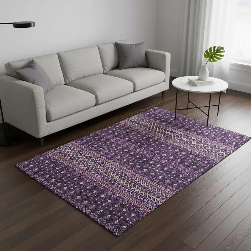 Purple And Yellow Tribal Washable Area Rug With UV Protection Photo 2