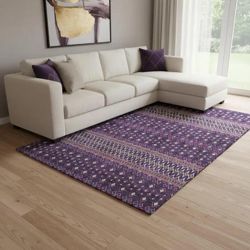 Purple And Yellow Tribal Washable Area Rug With UV Protection Photo 1