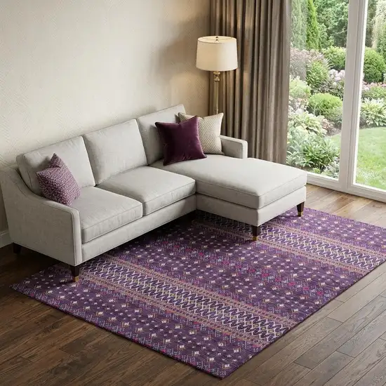 Purple And Yellow Tribal Washable Area Rug With UV Protection Photo 1