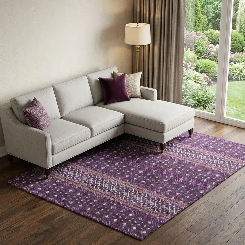 Purple And Yellow Tribal Washable Area Rug With UV Protection Photo 1