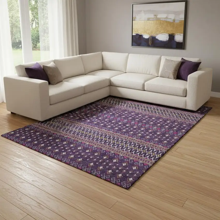Purple And Yellow Tribal Washable Area Rug With UV Protection Photo 1