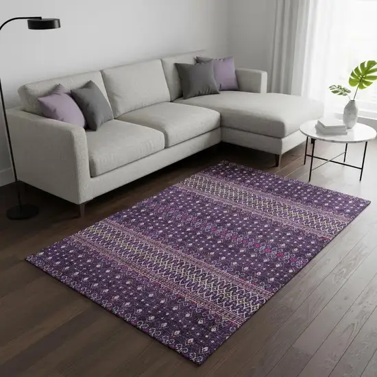 Purple And Yellow Tribal Washable Area Rug With UV Protection Photo 1