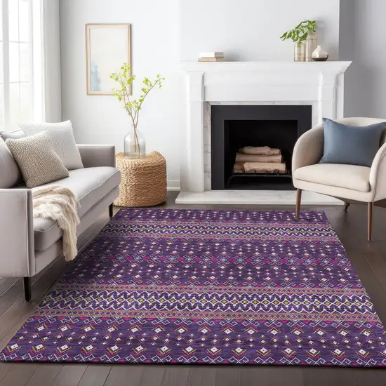 Purple And Yellow Tribal Washable Area Rug With UV Protection Photo 6