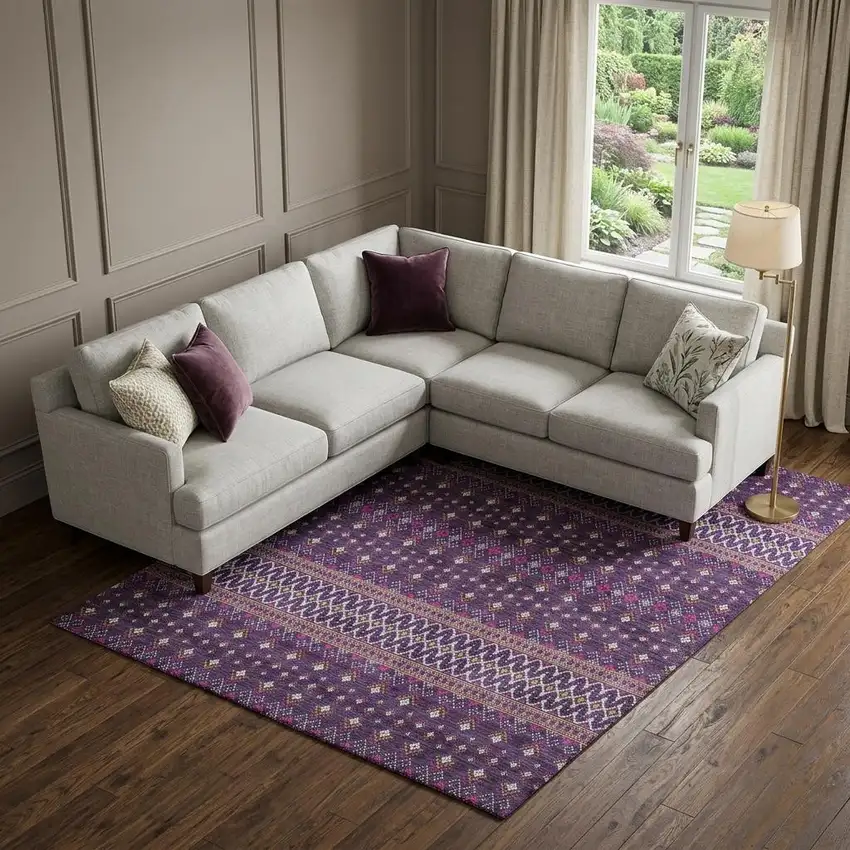 Purple And Yellow Tribal Washable Area Rug With UV Protection Photo 1