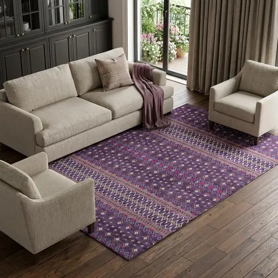Purple And Yellow Tribal Washable Area Rug With UV Protection Photo 1