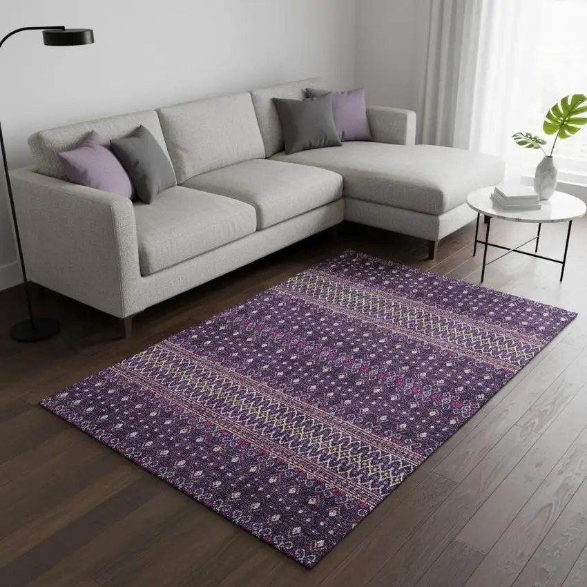 Purple And Yellow Tribal Washable Area Rug With UV Protection Photo 1