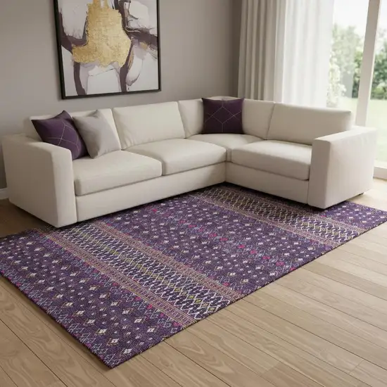 Purple And Yellow Tribal Washable Area Rug With UV Protection Photo 1