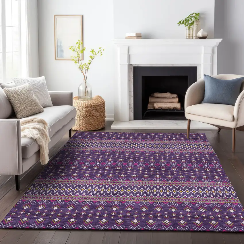 Purple And Yellow Tribal Washable Area Rug With UV Protection Photo 7