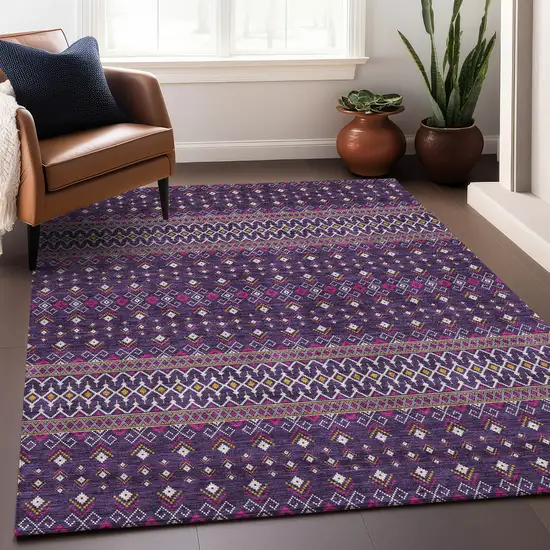 Purple And Yellow Tribal Washable Area Rug With UV Protection Photo 6