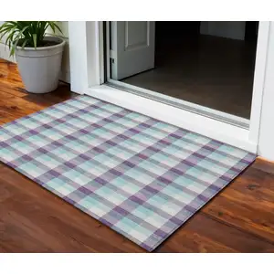 Photo of Purple Aqua And Beige Plaid Washable Indoor Outdoor Area Rug