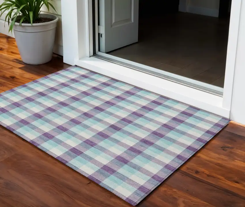 Purple Aqua And Beige Plaid Washable Indoor Outdoor Area Rug Photo 1