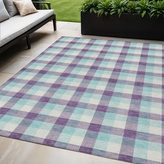 Purple Aqua And Beige Plaid Washable Indoor Outdoor Area Rug Photo 1