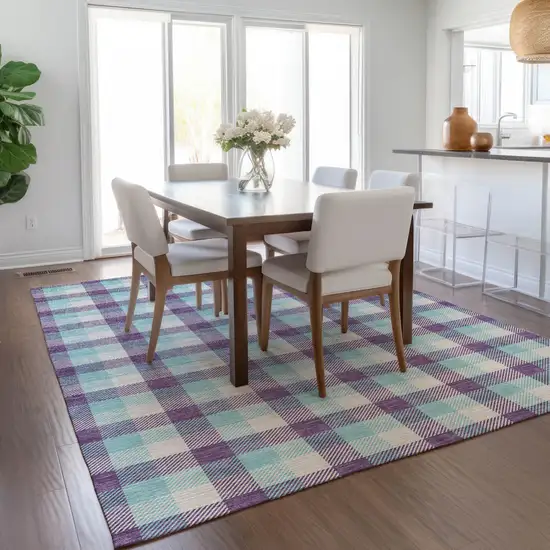 Purple Aqua And Beige Plaid Washable Indoor Outdoor Area Rug Photo 9