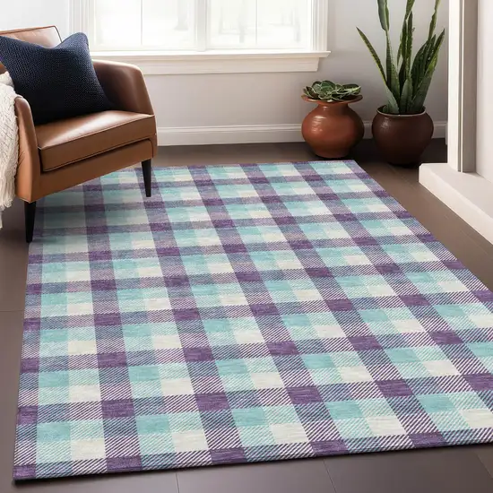 Purple Aqua And Beige Plaid Washable Indoor Outdoor Area Rug Photo 8