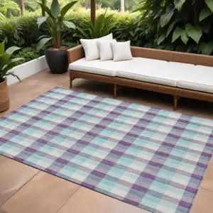 Photo of Purple Aqua And Beige Plaid Washable Indoor Outdoor Area Rug