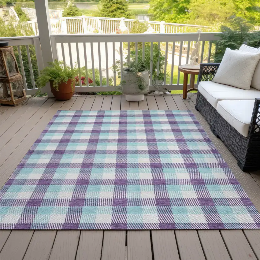 Purple Aqua And Beige Plaid Washable Indoor Outdoor Area Rug Photo 7