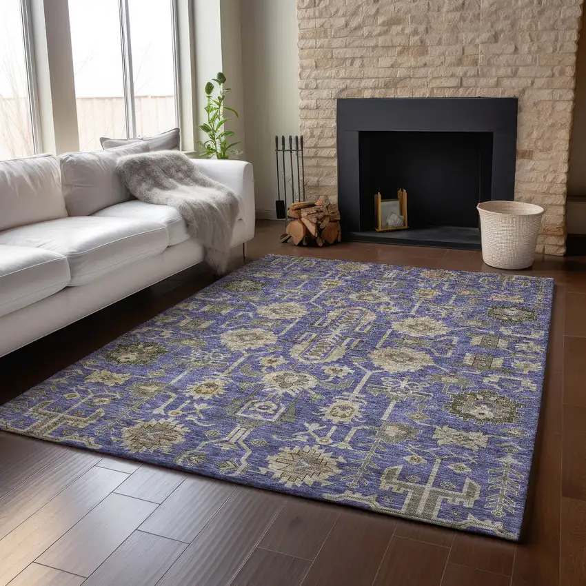 Purple Beige And Charcoal Oriental Washable Area Rug With UV Protection Photo 5
