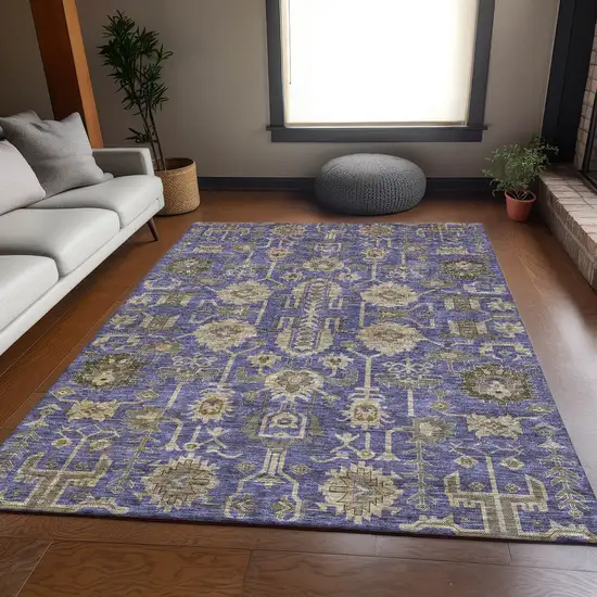 Purple Beige And Charcoal Oriental Washable Area Rug With UV Protection Photo 4
