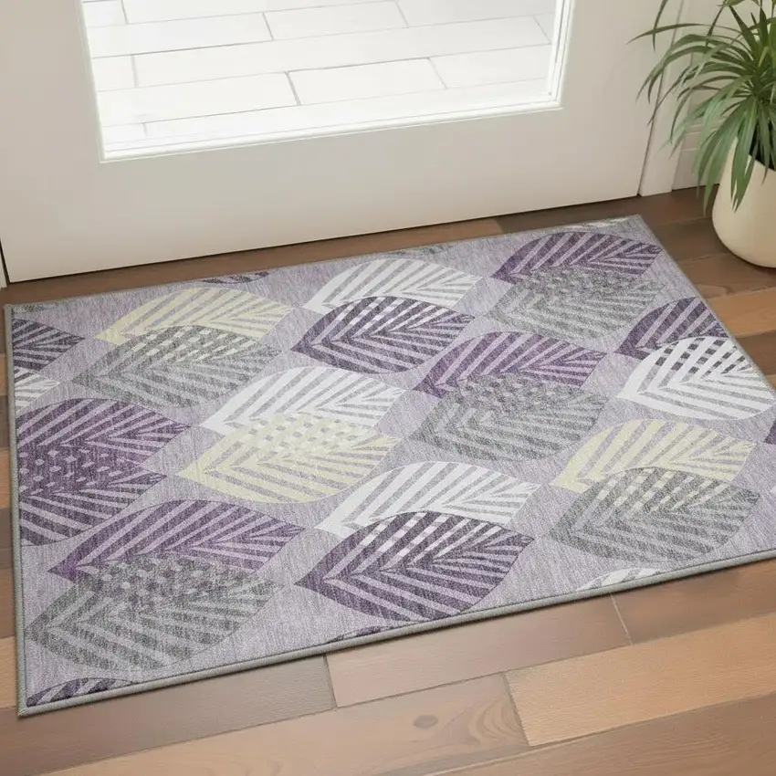 Purple Beige And Ivory Floral Washable Area Rug With UV Protection Photo 2