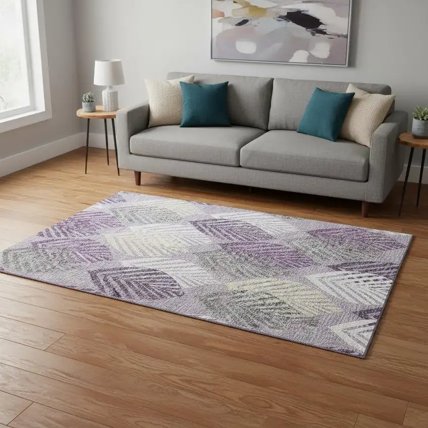 Purple Beige And Ivory Floral Washable Area Rug With UV Protection Photo 2