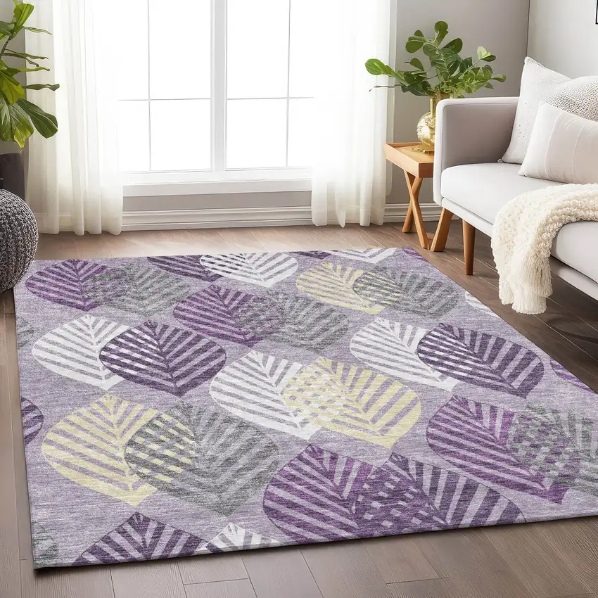 Purple Beige And Ivory Floral Washable Area Rug With UV Protection Photo 5