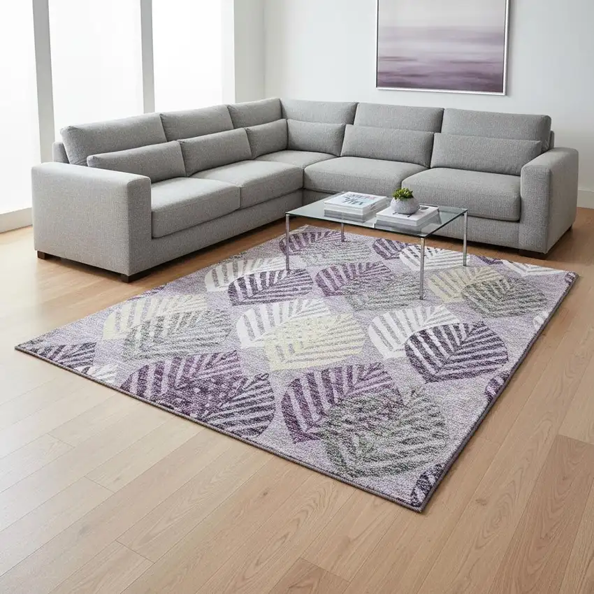 Purple Beige And Ivory Floral Washable Area Rug With UV Protection Photo 2