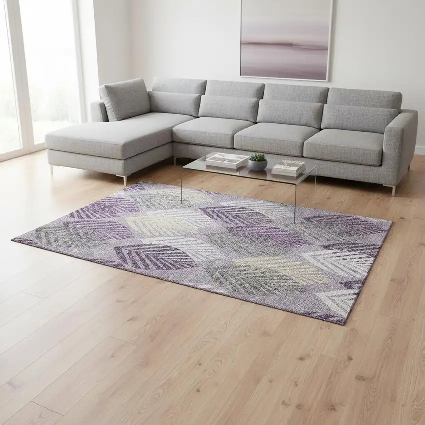 Purple Beige And Ivory Floral Washable Area Rug With UV Protection Photo 2