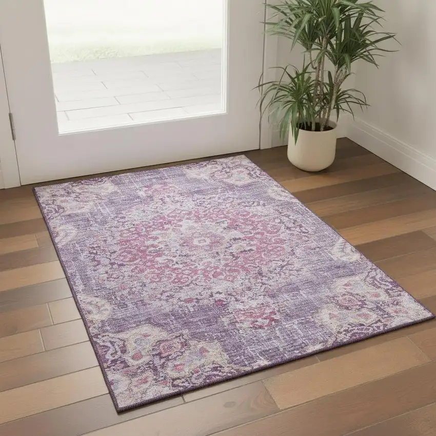 Purple Beige And Ivory Floral Washable Area Rug With UV Protection Photo 2