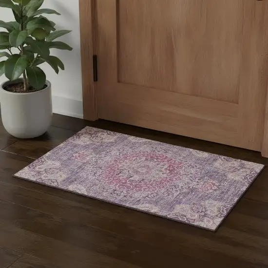 Purple Beige And Ivory Floral Washable Area Rug With UV Protection Photo 1