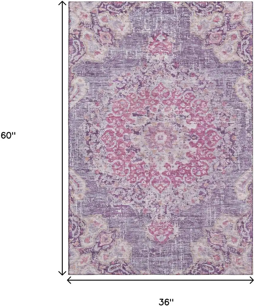 Purple Beige And Ivory Floral Washable Area Rug With UV Protection Photo 3