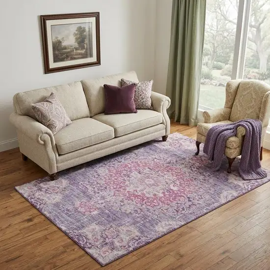 Purple Beige And Ivory Floral Washable Area Rug With UV Protection Photo 1