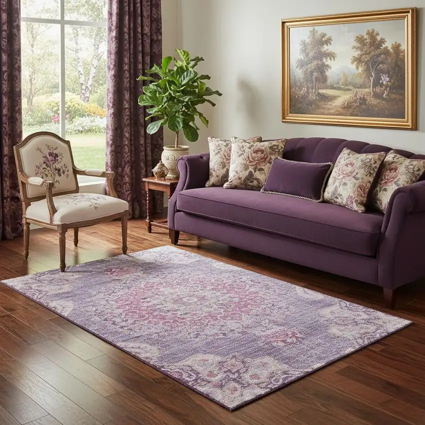 Purple Beige And Ivory Floral Washable Area Rug With UV Protection Photo 2