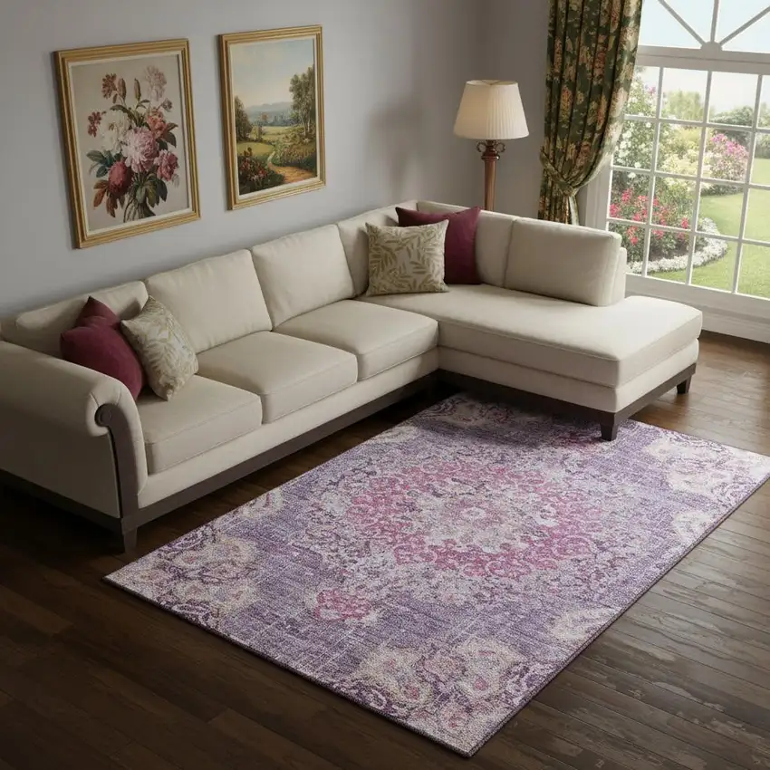Purple Beige And Ivory Floral Washable Area Rug With UV Protection Photo 2